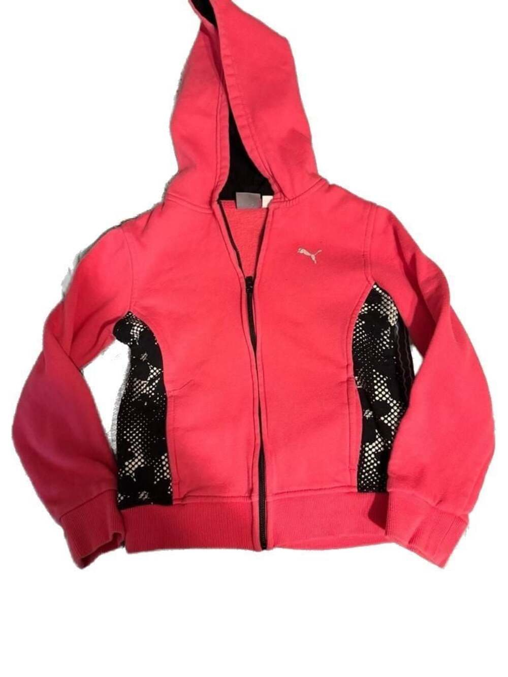 Puma Girls Full Zip Hoodie with Black and White Geometric Print Side Panels